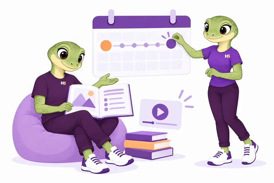 HookSpark geckos presenting a course with start and end markers. Concept illustration.