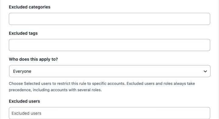 Category and tag exclusions, audience selector and excluded users in the real admin