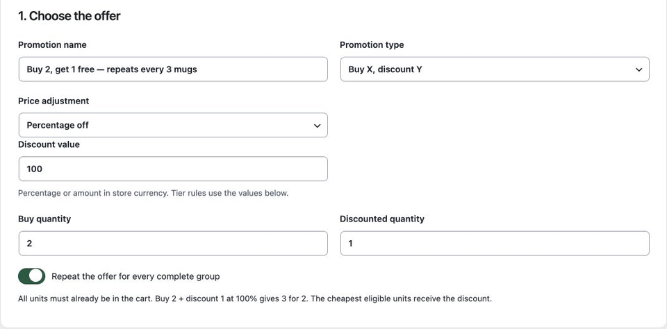Actual BOGO settings in the English demo.