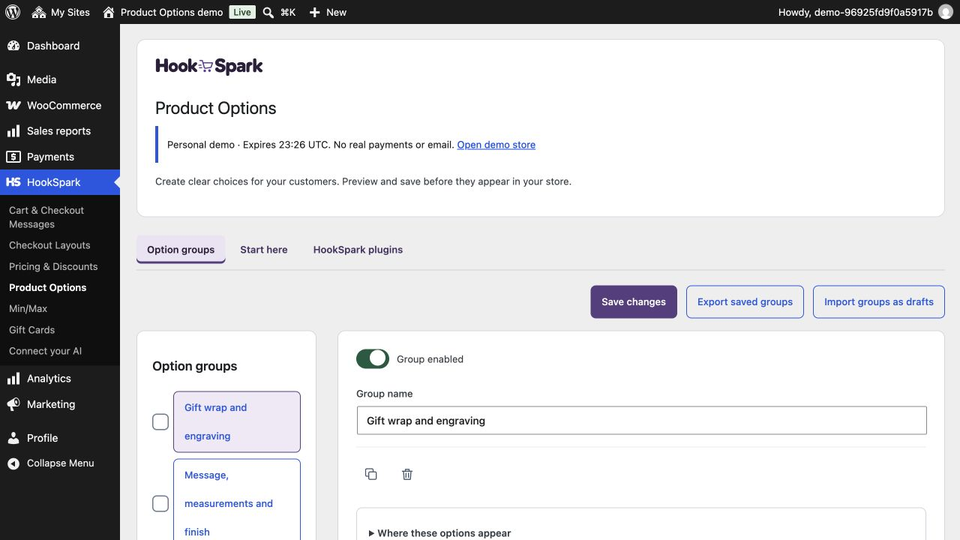 Option groups and shared HookSpark navigation