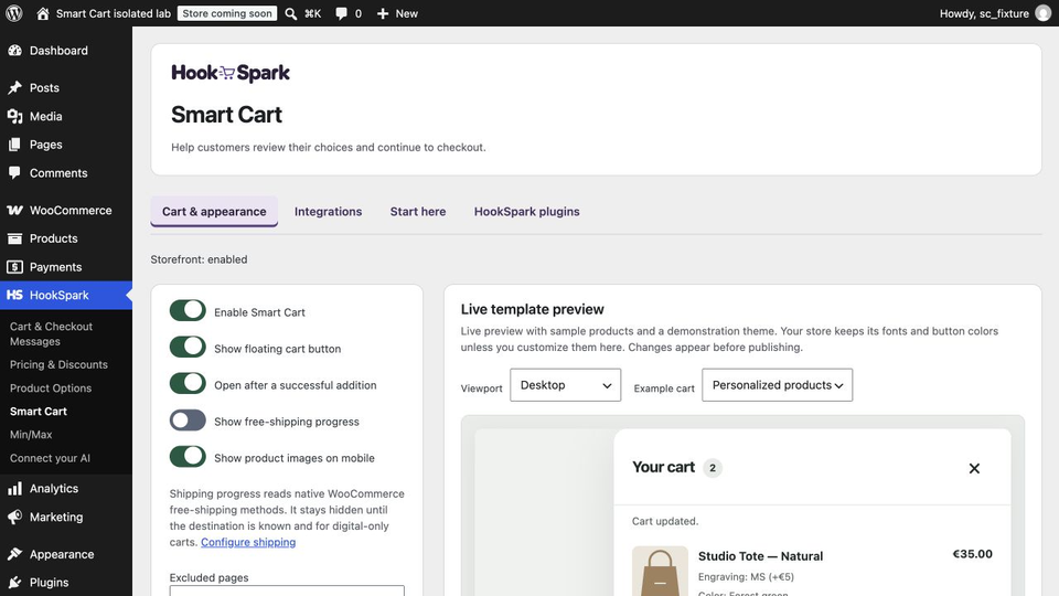 Admin editor with a live preview using explicitly simulated products.
