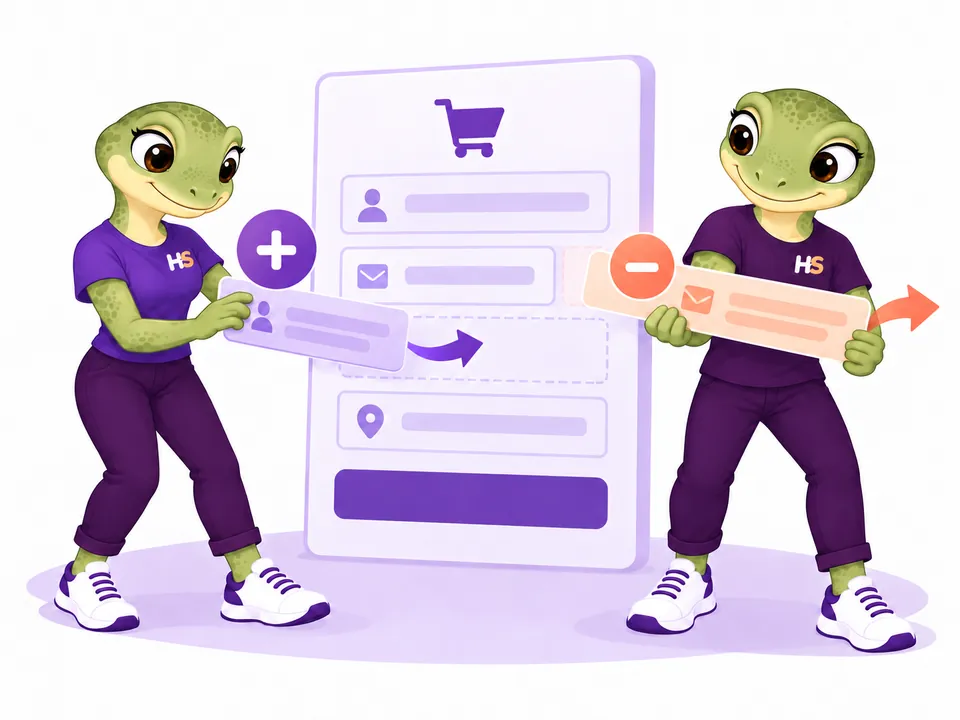 One HookSpark mascot inserts a checkout field with a plus symbol while the other removes a field with a minus symbol.