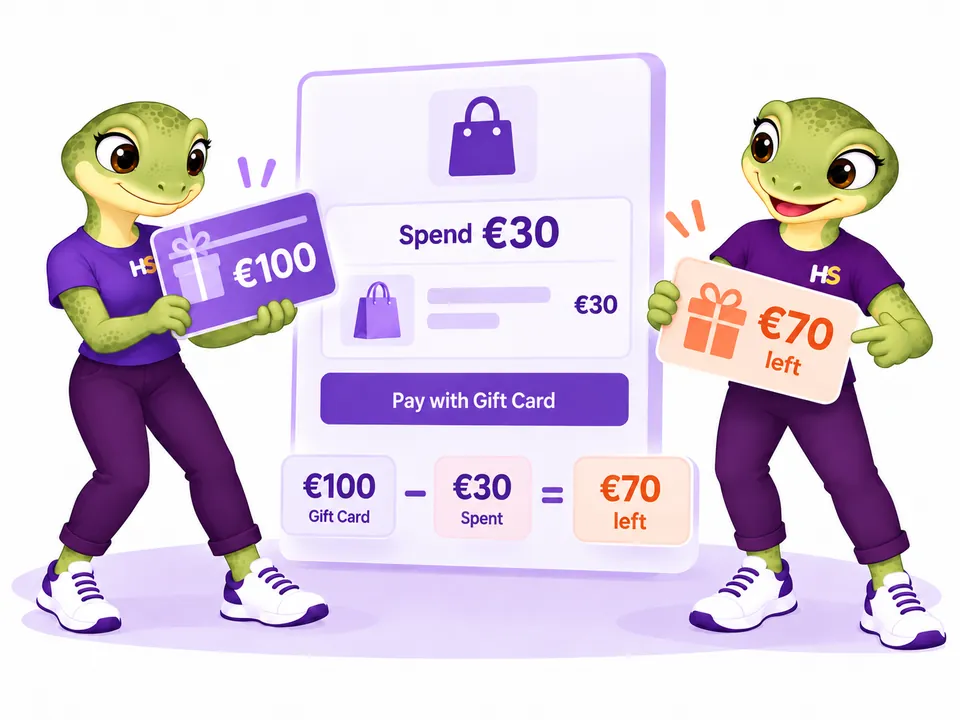 The two HookSpark mascots show 30 euros spent from a 100 euro gift card, leaving 70 euros for another order.