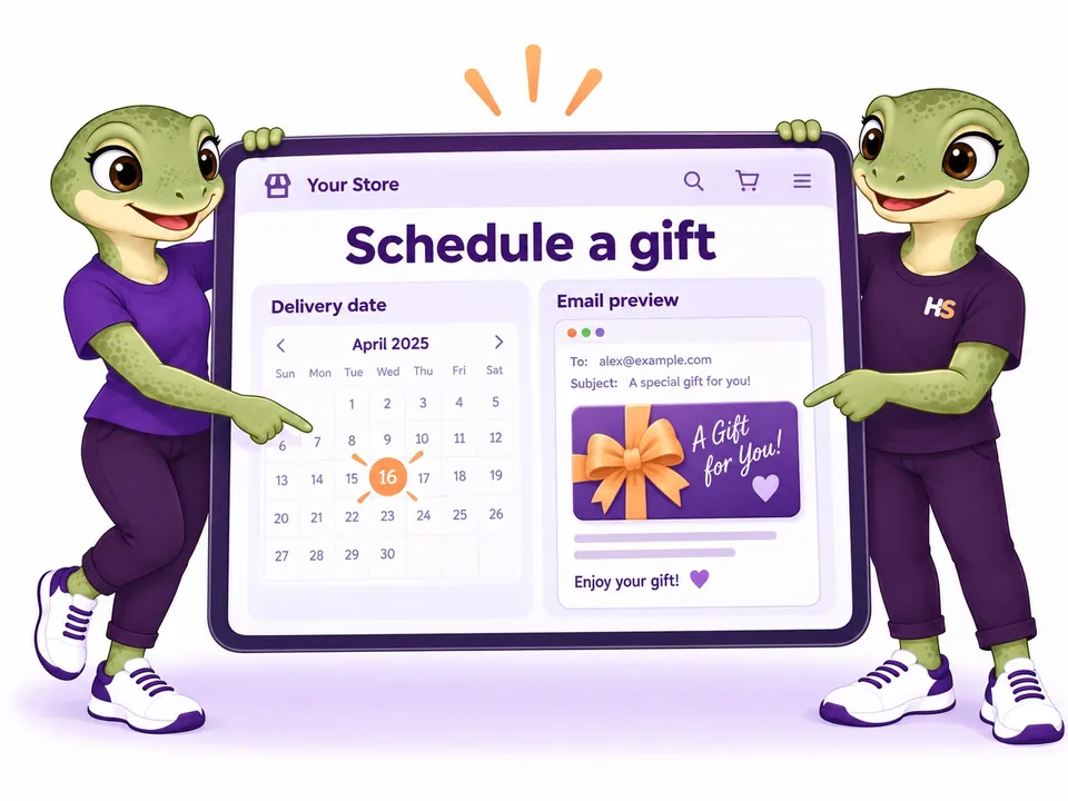 The two HookSpark mascots hold a large screen and point to a delivery calendar and gift email preview.