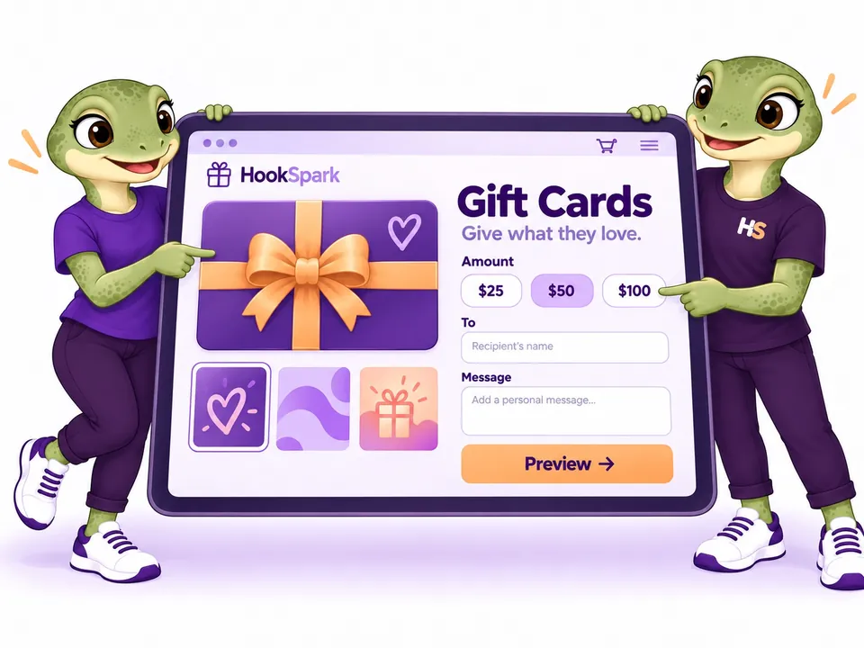 The HookSpark mascots hold a large screen and point to gift-card artwork, amount choices and personalization.