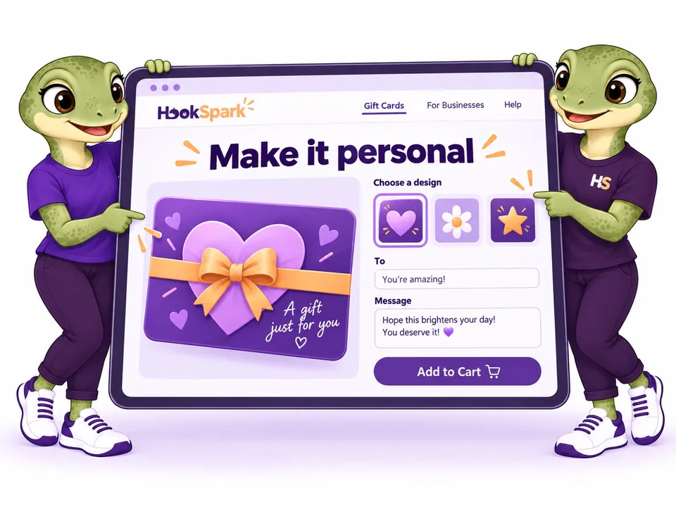The two HookSpark mascots hold a large screen and point to gift-card artwork and personalization fields.