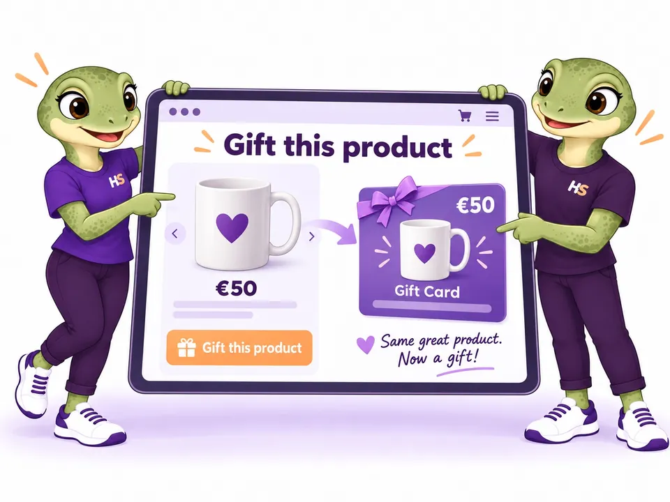 The two HookSpark mascots hold a large screen showing a product and a gift card of the same value.
