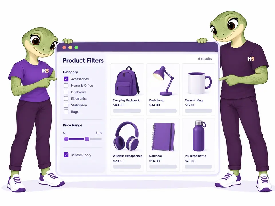 Le mascotte originali di HookSpark presentano una griglia del catalogo con filtri per categoria, prezzo e disponibilità. Illustrazione dimostrativa.