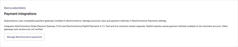 Real Subscriptions Payment integrations panel linking to WooCommerce payment settings