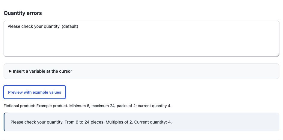 Custom message containing default variable and its rendered example