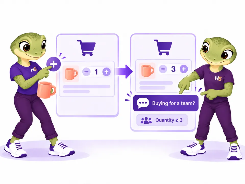 The two HookSpark mascots demonstrate a cart quantity reaching three and triggering a relevant message.