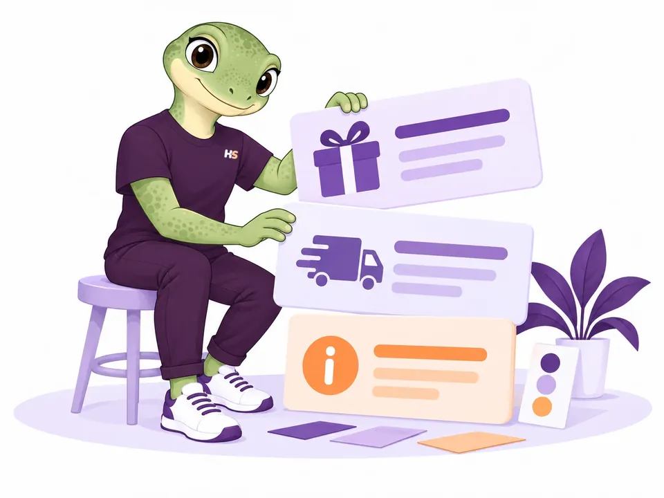 The male gecko arranges message cards with gift, shipping and information icons.