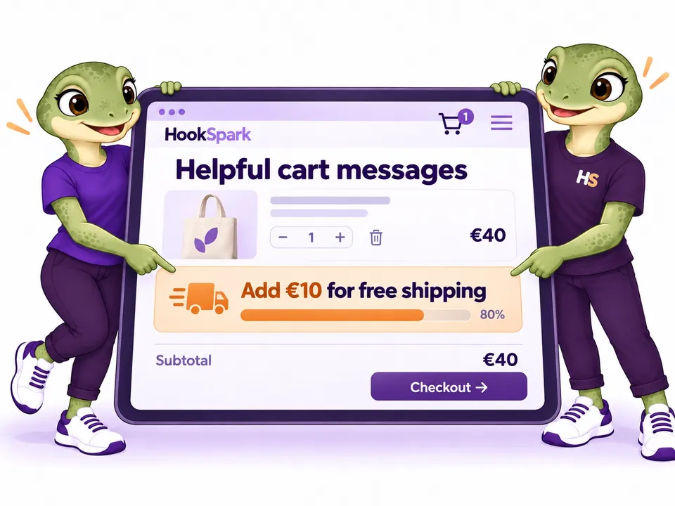 The two HookSpark mascots hold a large screen and point to a contextual free-shipping message in the cart. Concept illustration.