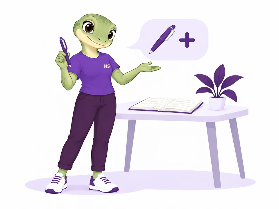 The female gecko suggests a matching pen for a notebook.
