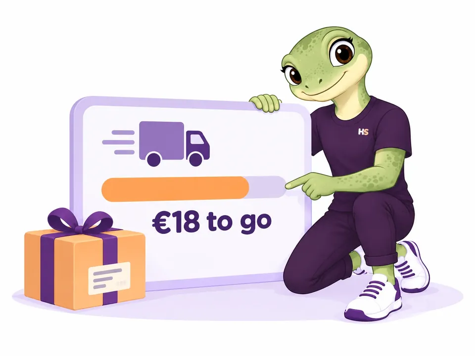 The male gecko points to a shipping progress bar with €18 remaining.