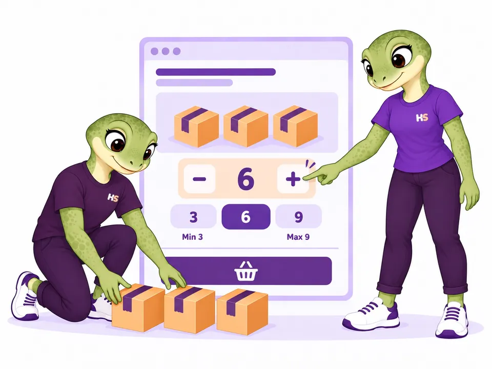 The HookSpark mascots group packages beside a quantity selector with minimum 3 and maximum 9.