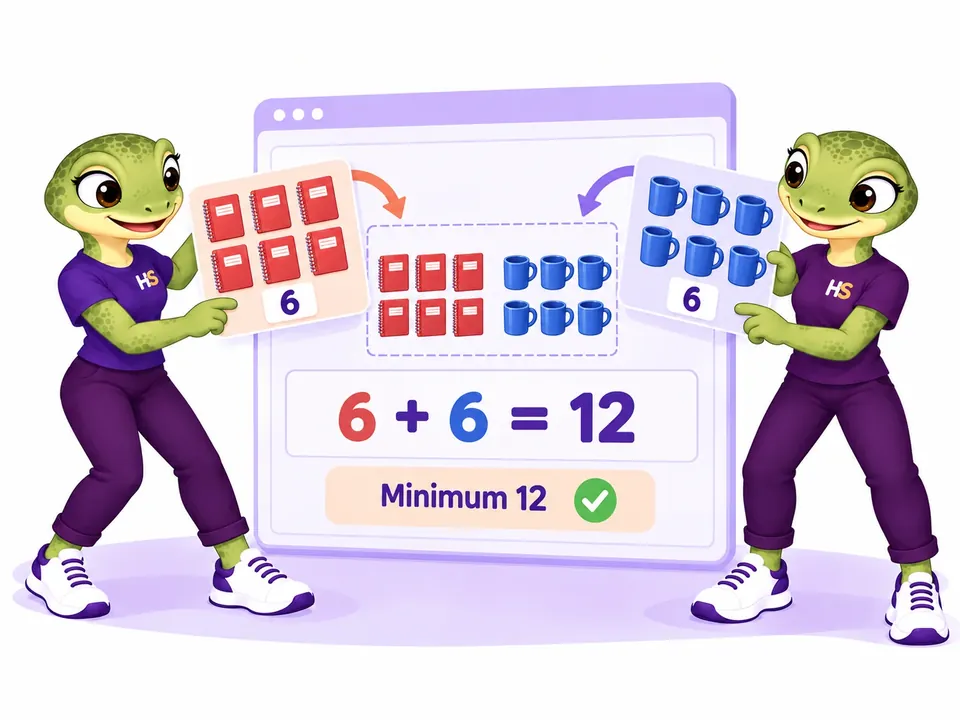 The two HookSpark mascots combine six notebooks and six mugs to satisfy a shared minimum of twelve units.