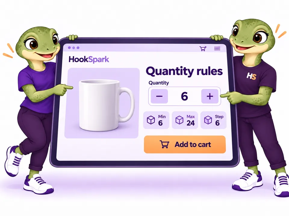 The two HookSpark mascots hold a large screen and point to quantity controls and minimum, maximum and pack-size rules. Concept illustration.