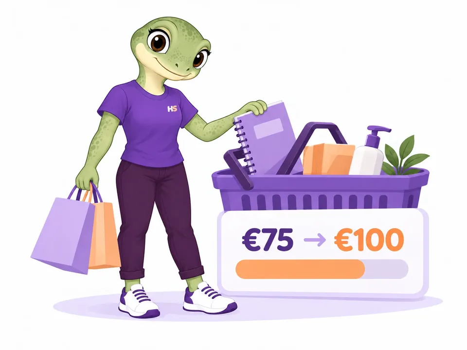 The female gecko adds a notebook to a basket, illustrating a €100 minimum spend.
