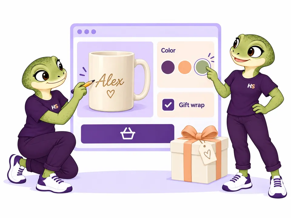 The HookSpark mascots personalize an Alex mug with color choices and gift wrapping.