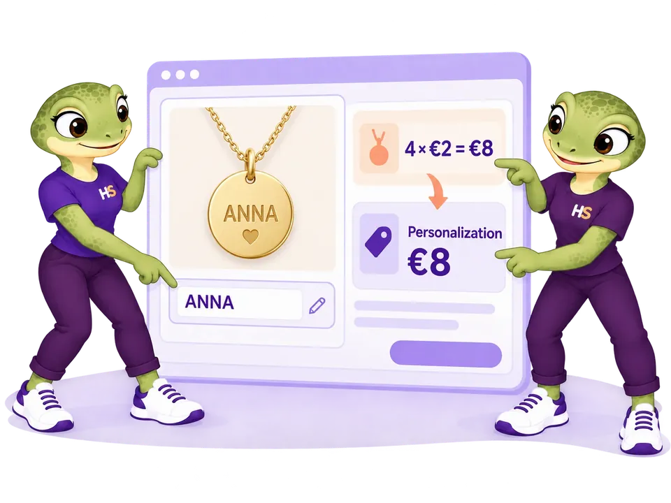 The two HookSpark mascots show ANNA as four characters at two euros each, adding eight euros for personalization.