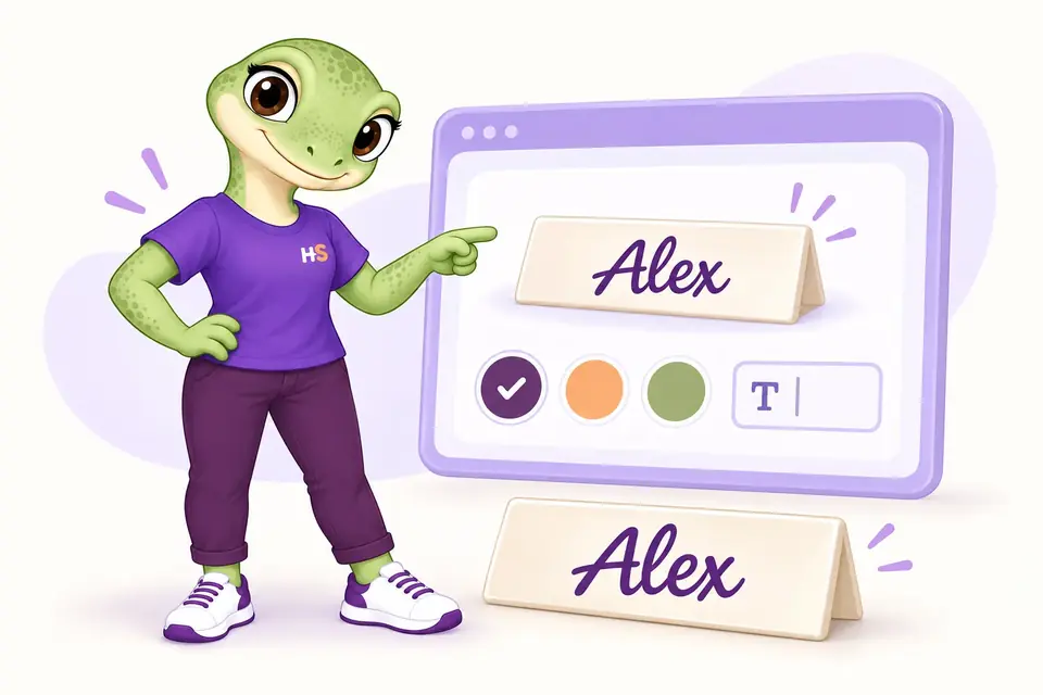La mascotte HookSpark presenta una targhetta da scrivania Alex e un’illustrazione del relativo configuratore.