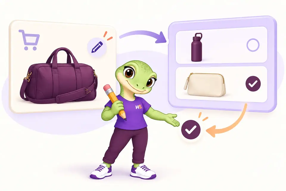 La mascotte HookSpark illustra la modifica di una borsa da viaggio e il salvataggio della custodia selezionata.