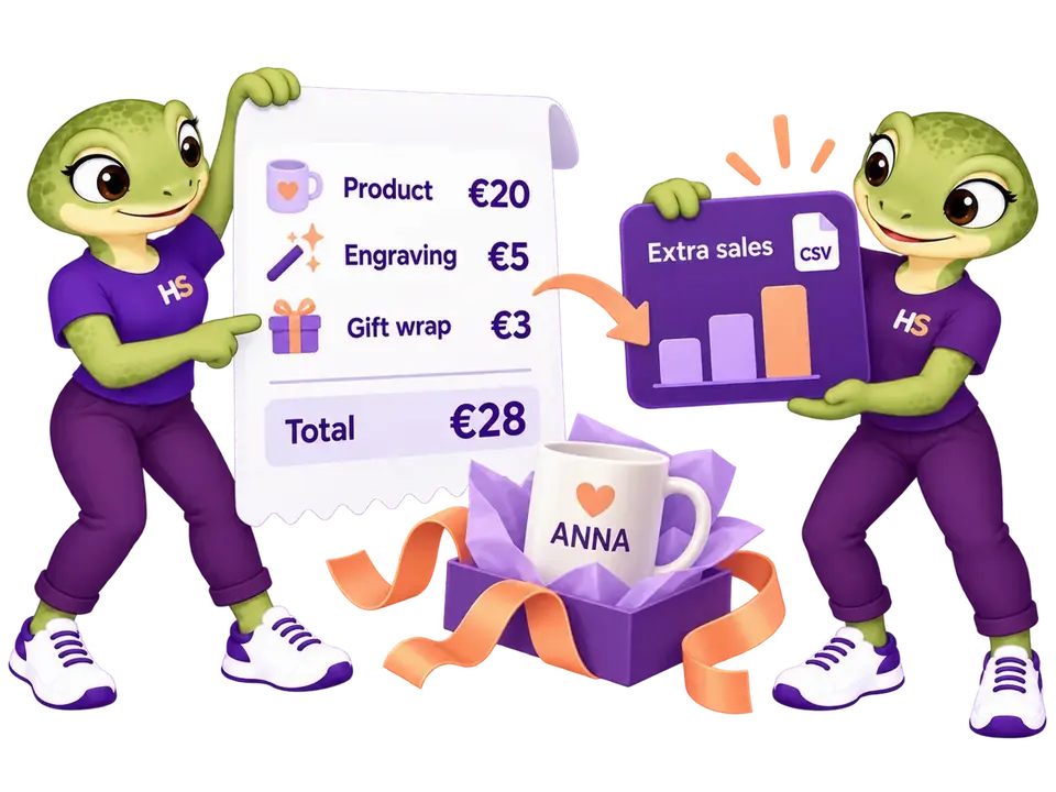 Le mascotte HookSpark mostrano prodotto da 20 €, incisione da 5 € e confezione da 3 €, totale 28 €, con un’illustrazione del rapporto vendite extra e CSV.