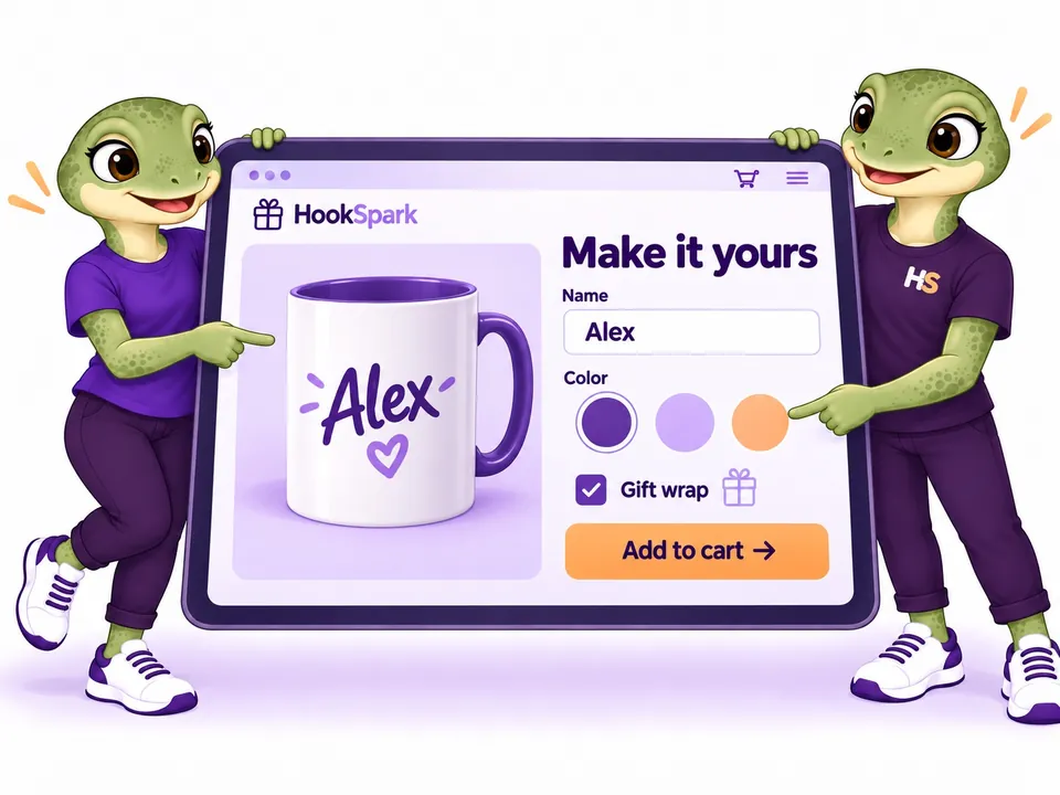 The two HookSpark mascots hold a large screen and point to product personalization fields and a personalized mug. Concept illustration.