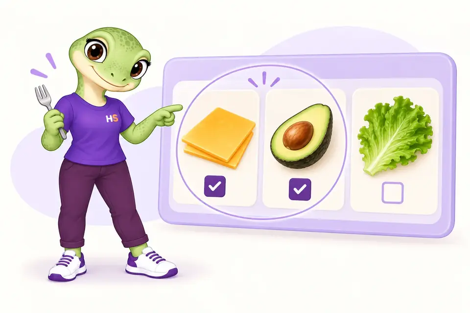La mascotte HookSpark presenta schede selezionate di formaggio e avocado accanto alla lattuga non selezionata.