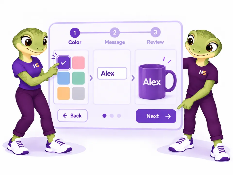 The two HookSpark mascots guide a shopper from a purple color choice to an Alex message and a matching personalized mug.