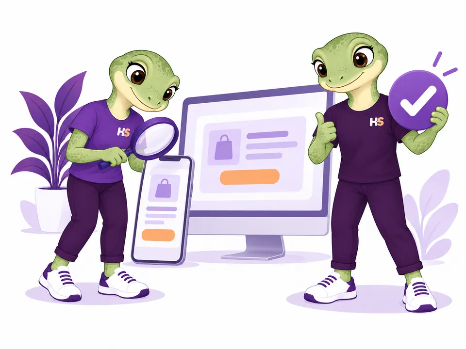 The HookSpark geckos inspect a checkout on desktop and mobile before approving it.