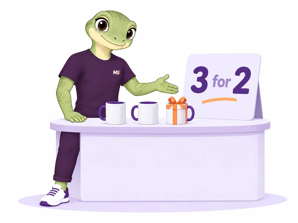 The male gecko presents three mugs, with a gift ribbon around the third.