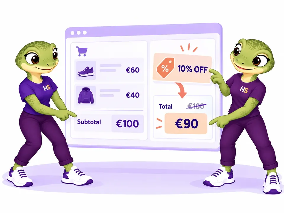 The two HookSpark mascots show products worth sixty and forty euros, with a ten percent cart discount reducing one hundred euros to ninety.