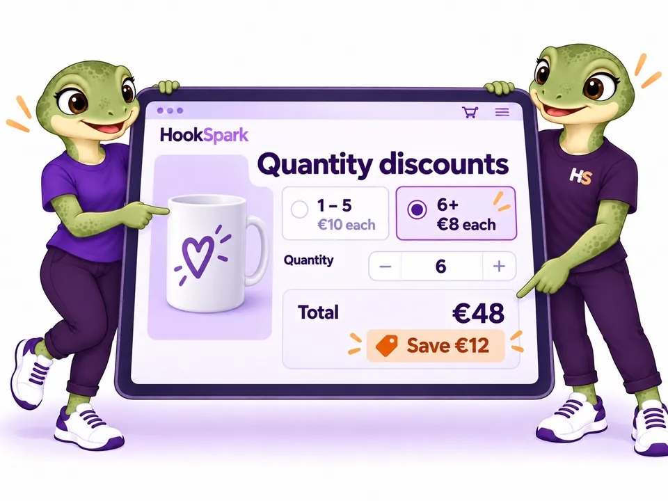 The two HookSpark mascots hold a large screen and point to quantity discount tiers and the resulting total. Concept illustration.