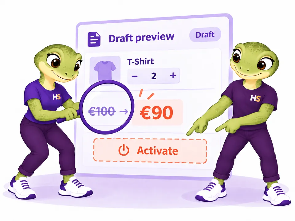 The two HookSpark mascots inspect a draft discount calculation before activating the offer.