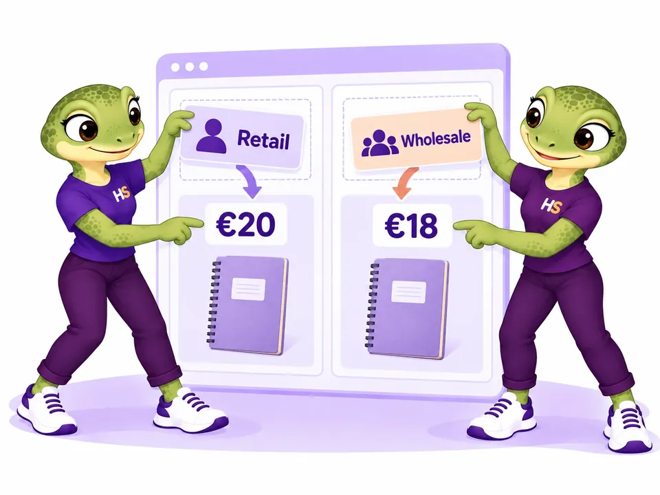 The two HookSpark mascots assign retail and wholesale roles to the same notebook, showing prices of twenty and eighteen euros.