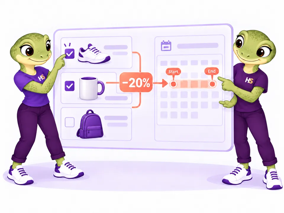 The two HookSpark mascots select discounted products and indicate the promotion date range on a calendar.