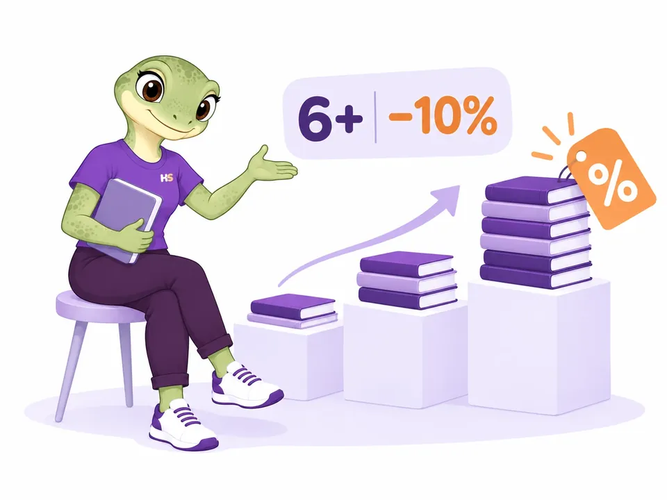 The female gecko presents increasing stacks of notebooks and a quantity discount.