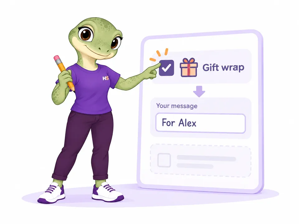 A HookSpark gecko selects gift wrapping to reveal a personal message field.