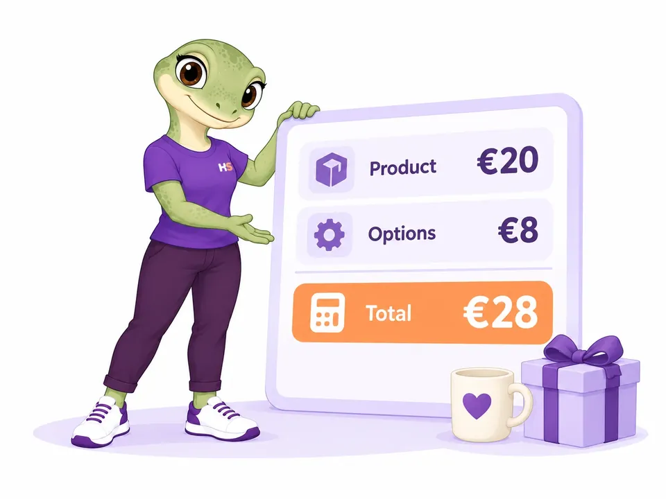 A HookSpark gecko explains a €20 product plus €8 options equals €28 total.