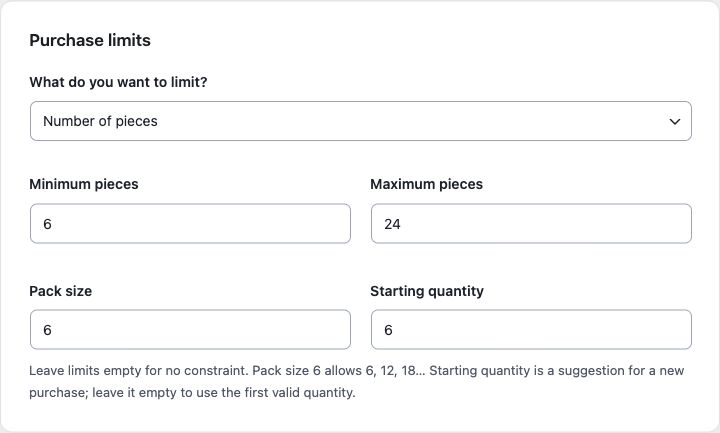 Minimum 6, maximum 24, pack multiple 6 and starting quantity 6 in the actual plugin