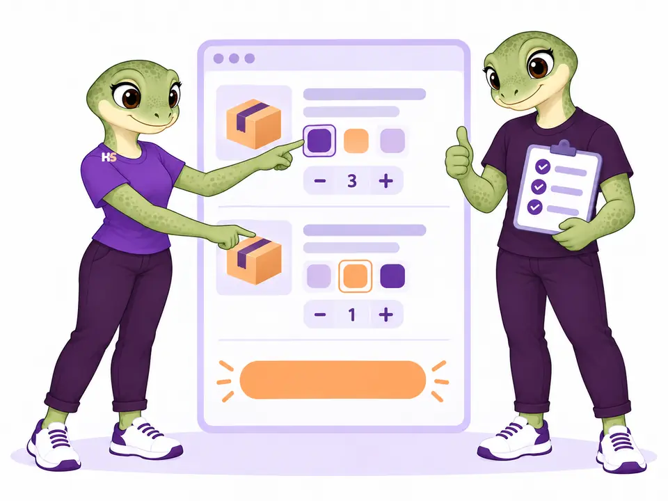 The HookSpark geckos demonstrate product choices, quantities and a quote request action.