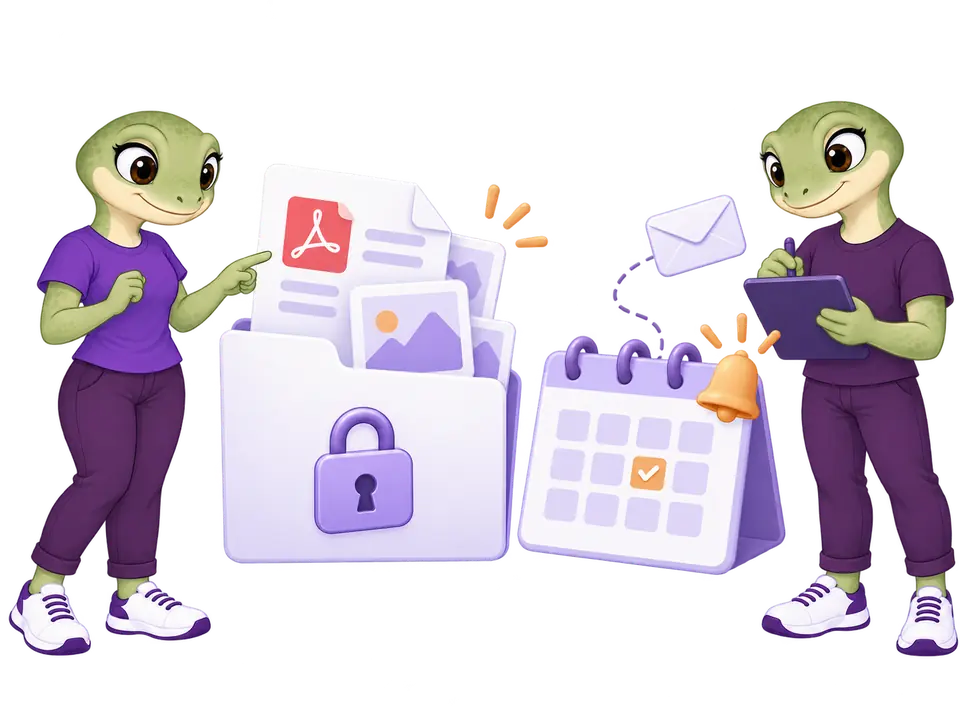 Le mascotte geco HookSpark organizzano gli allegati privati dei preventivi e un calendario dei promemoria.