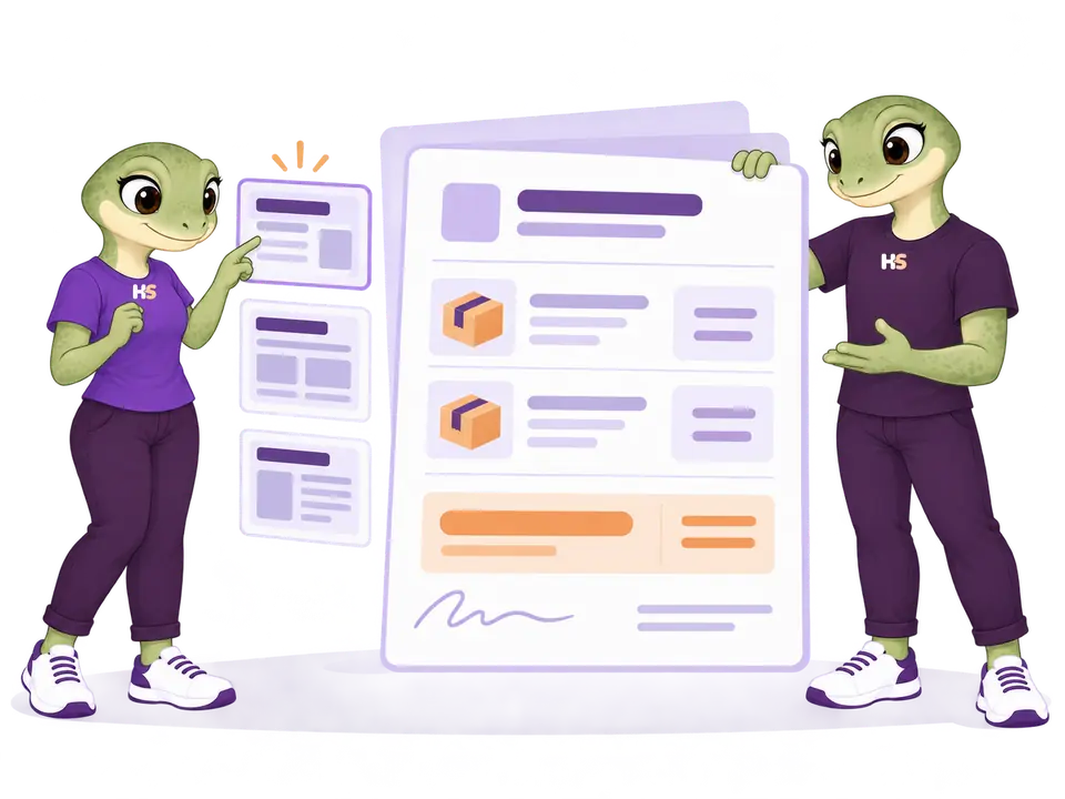 The HookSpark gecko mascots present branded proposal layouts and a finished quote.