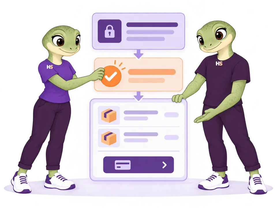 The HookSpark geckos show a private proposal, approval and a separate WooCommerce order payment step.