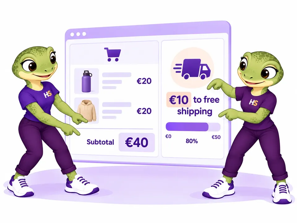 The two HookSpark mascots show a forty-euro cart, a fifty-euro shipping threshold and ten euros remaining.