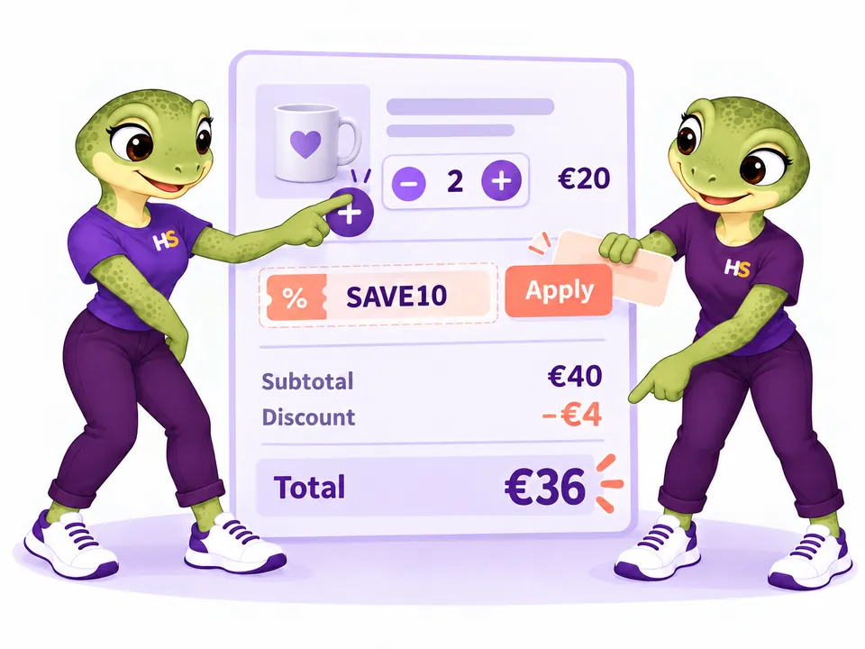 The HookSpark mascots adjust a product quantity and present a coupon.