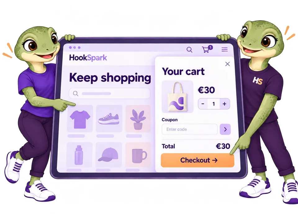 The HookSpark mascots hold a large screen and point to the side cart, quantity and checkout. Concept illustration.