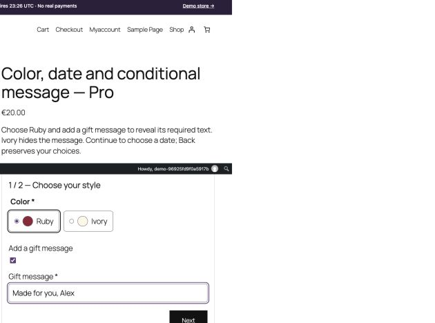 Visual choices and a conditionally visible message in step one